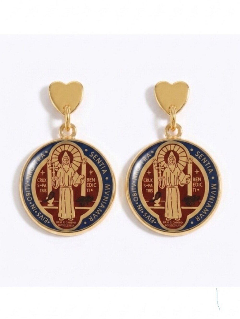 Saint Benedict Medal Earrings - 14k Gold Plated Dangle - Heart Design Religion